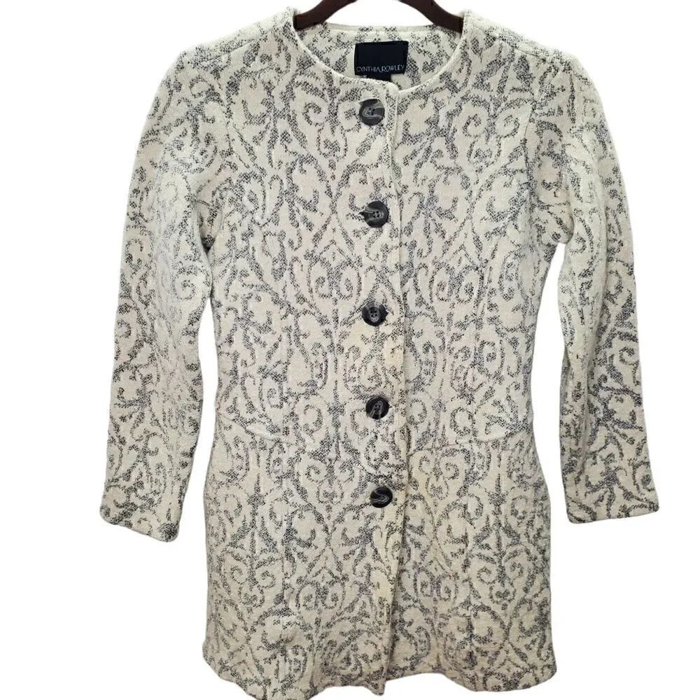 Cynthia Rowley Stylish Wool Coat White & Gray Damask Print Sz Medium